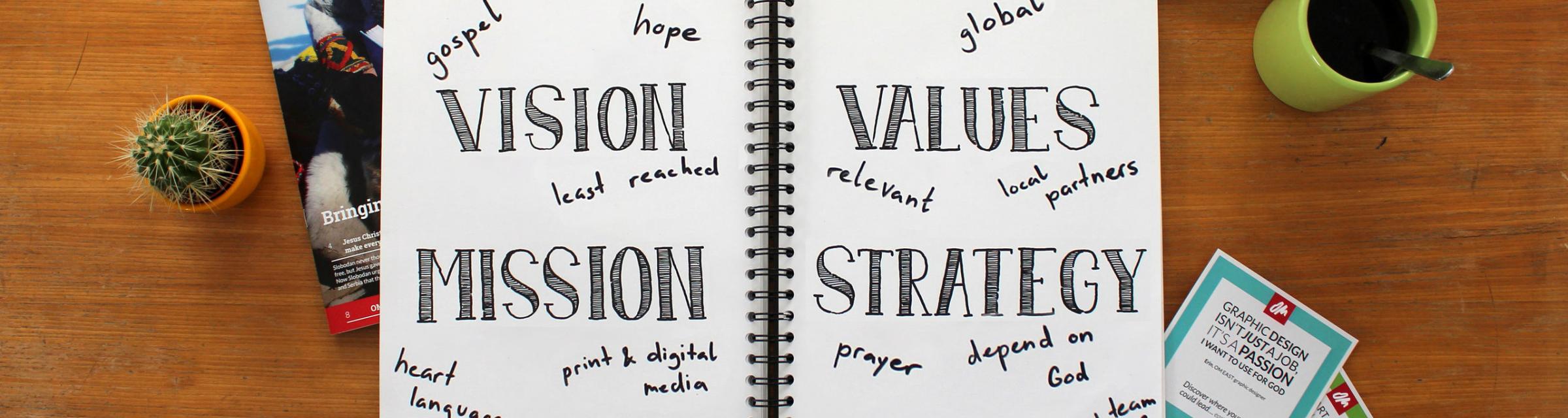 Open notebook with words "Vision, values, mission, strategy"