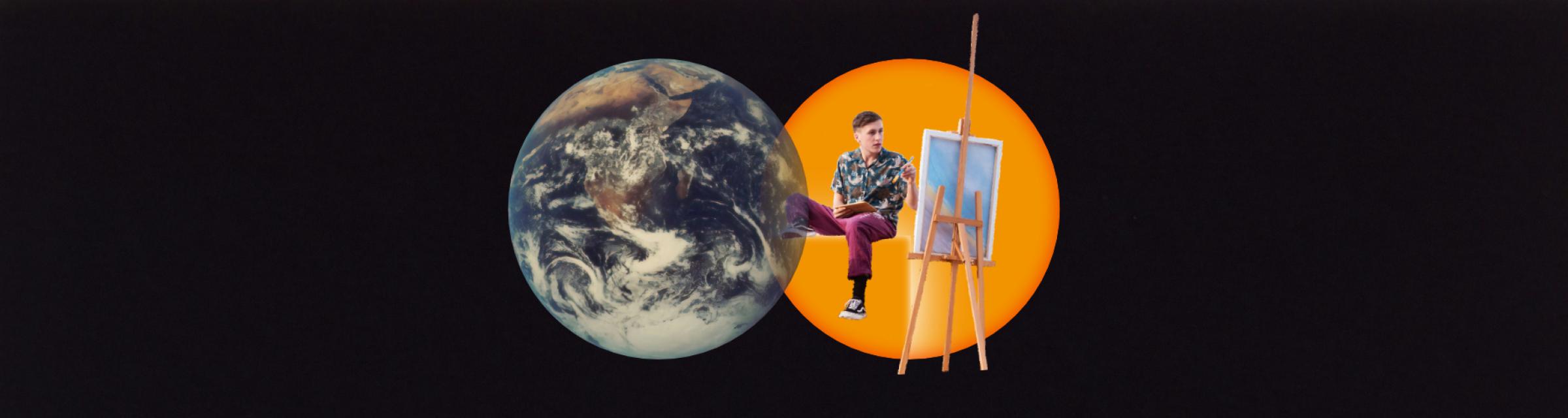 Weltkugel links, leicht überlappend rechts daneben sitzt ein Maler in einer gelben Kugel