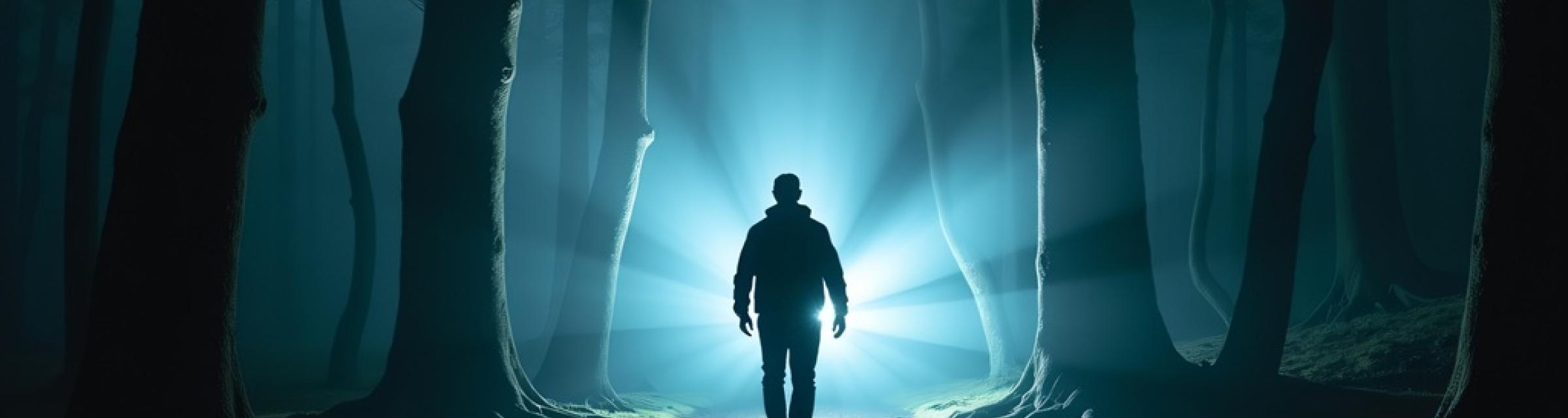 Uomo cammina contro luce in bosco buio