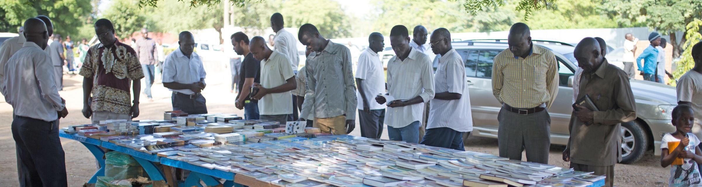 OM South Sudan sells Christian books at book tables at churches and special events.  
Photo by Justin Lovett