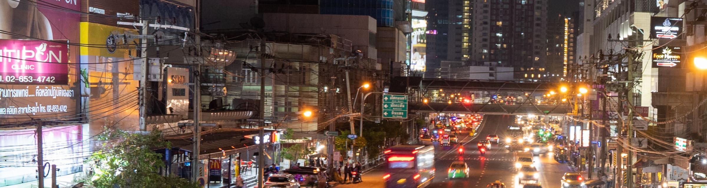 A busy street in Bangkok, Thailand, at night. Photo by RJ Rempel.