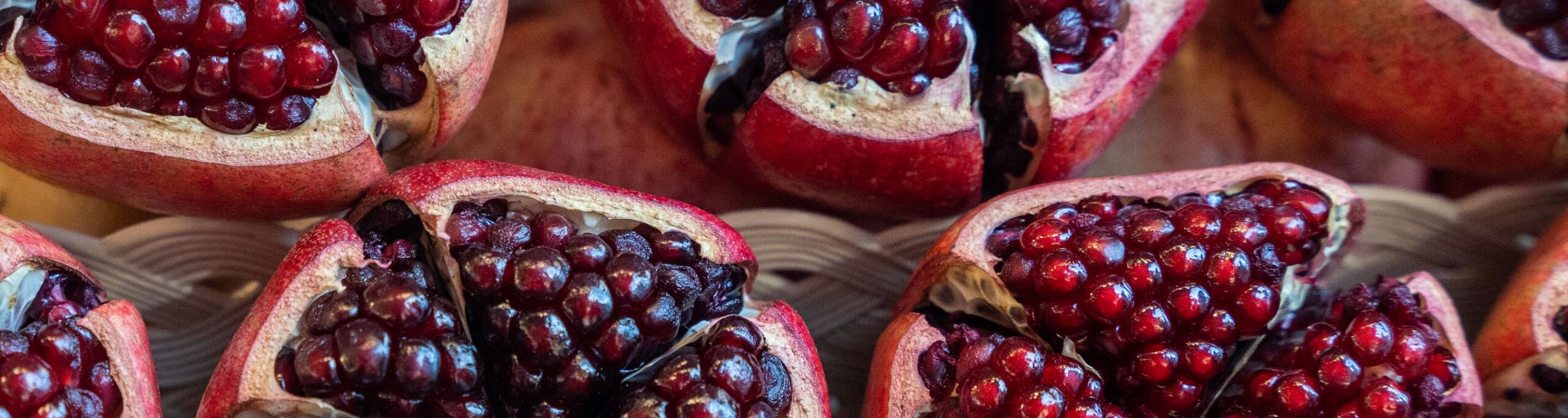 Close-up of cut open pomegranates. Photo by RJ Rempel.
