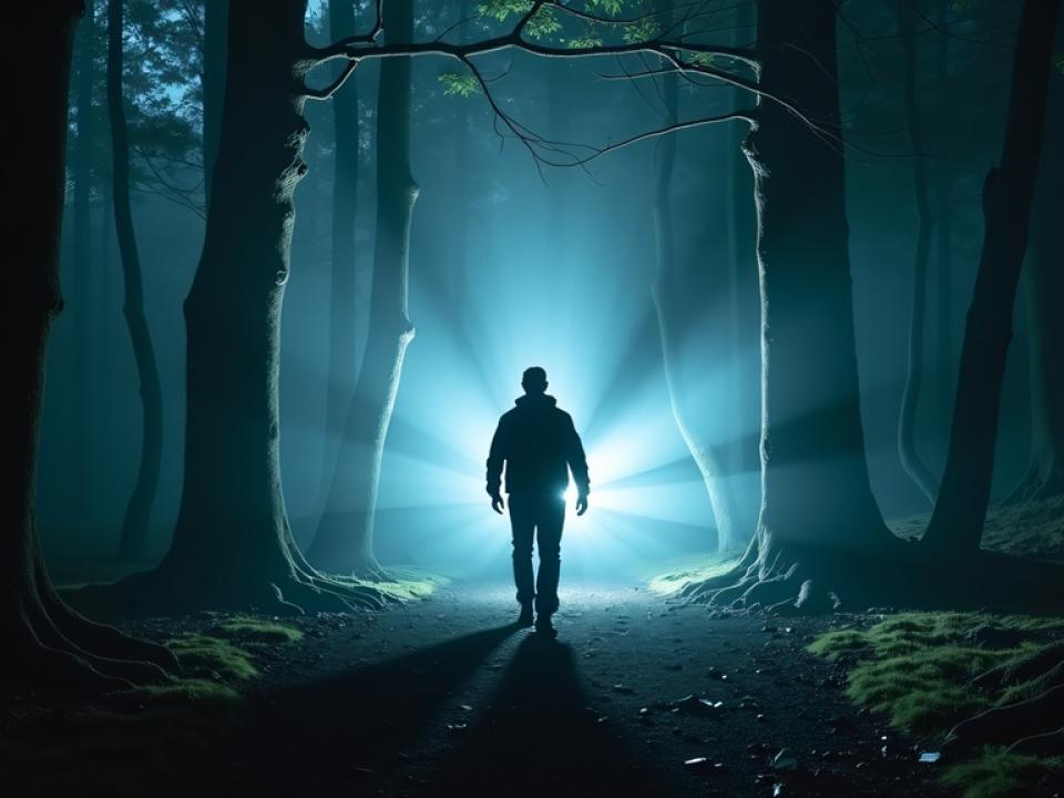 Uomo cammina contro luce in bosco buio