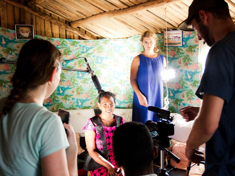Media Trek participants interview a woman in Ambovombe, Madagascar. The Media Trek is a 2.5 month outreach where participants use their media skills to bless OM bases and gain exposure to missions.