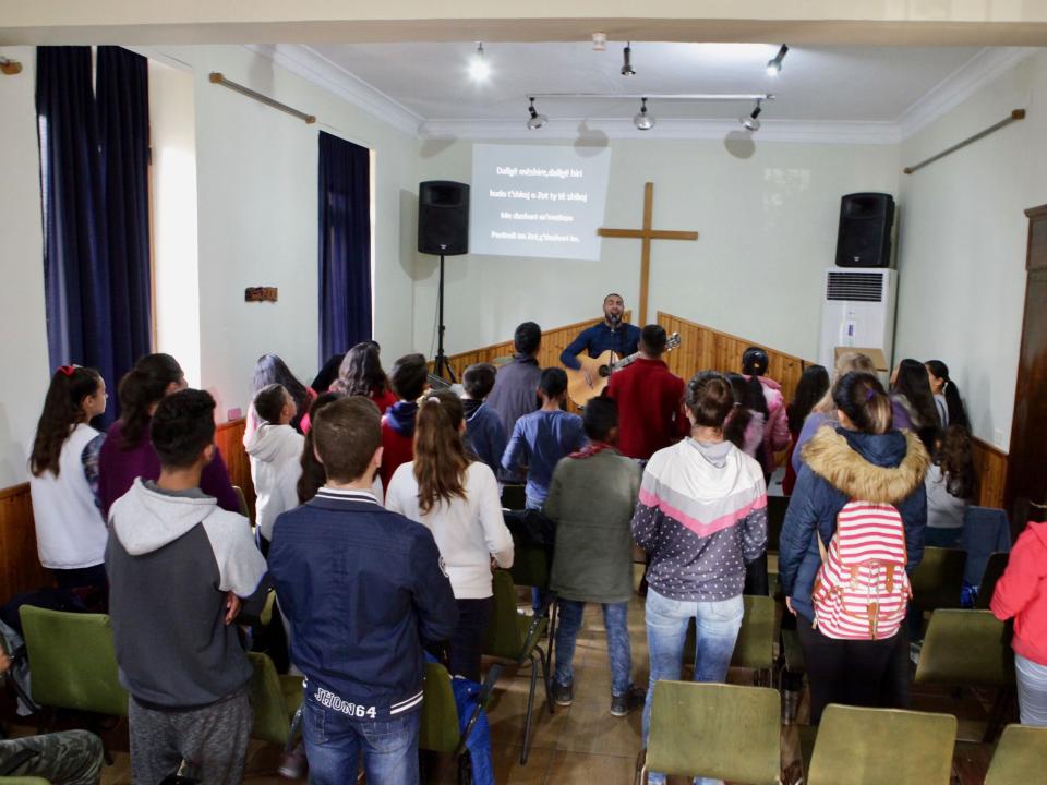 Gathering for the Roma/Gypsy youth where OM Albania  shares Christ's love.