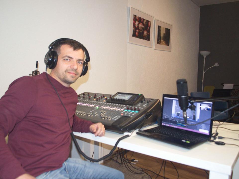 Yan from OM Montenegro operates the mixing desk at Mozaik church, Bar, Montenegro.