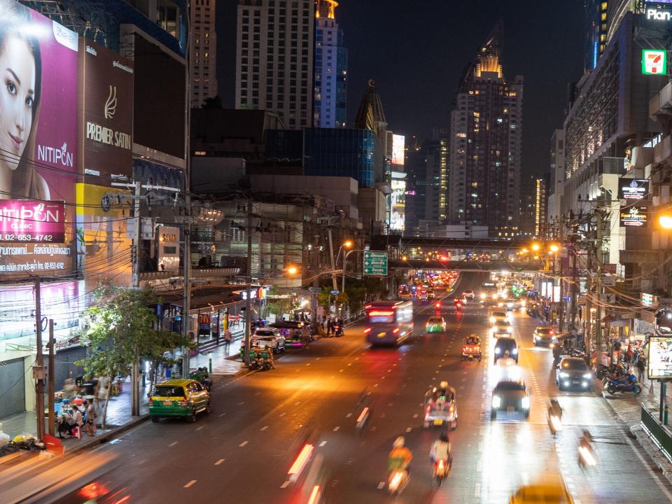 A busy street in Bangkok, Thailand, at night. Photo by RJ Rempel.