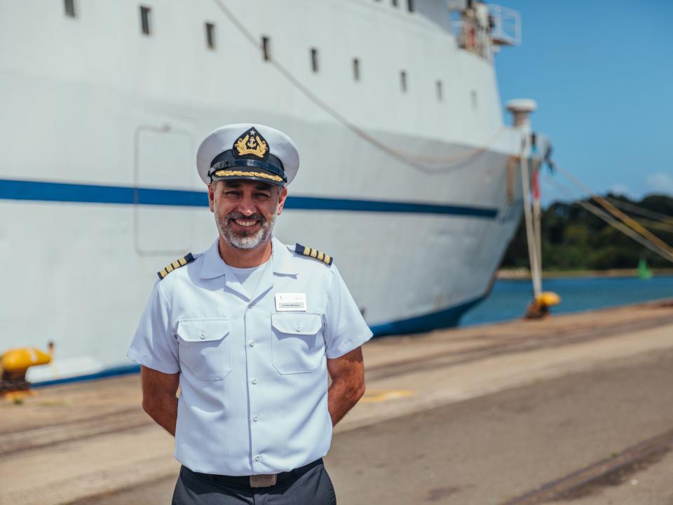 Richards Bay, South Africa :: Captain Christian Montaner (Chile) in front of the ship.