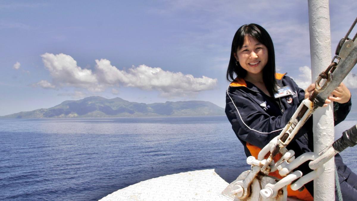 Jiamin Choo, from Singapore, at the bow of Doulos on the voyage to the Philippines.