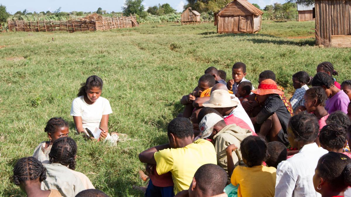 Sinorie, in white, gave her life to Christ after the OM team in Madagascar visited her village. Now she leads Bible study weekly and travels to other villages to spread the Good News.