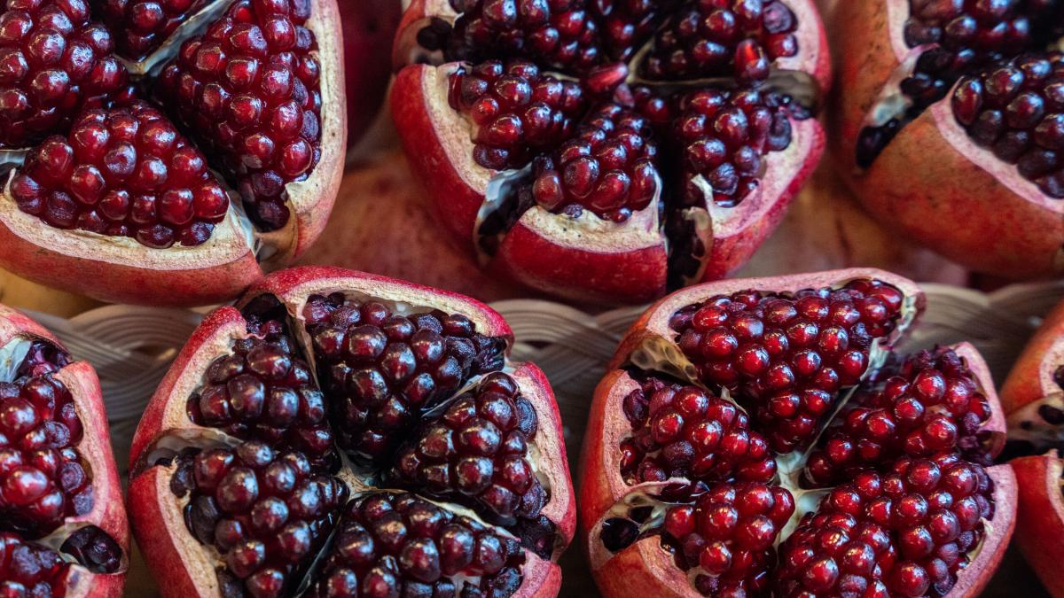 Close-up of cut open pomegranates. Photo by RJ Rempel.