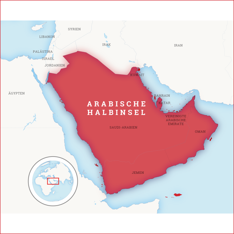 Kartenausschnitt auf der die Arabische Halbinsel hervorgehoben ist