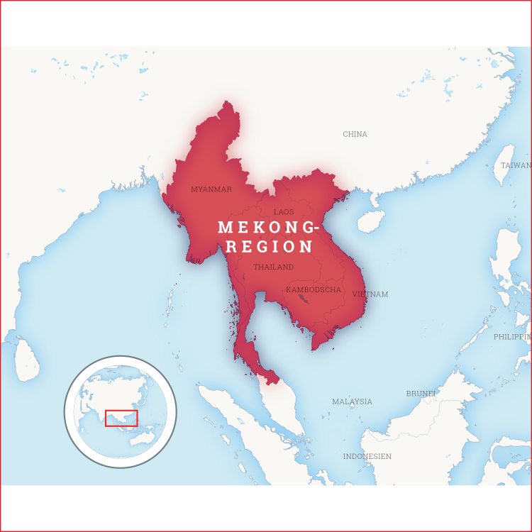 Kartenausschnitt auf dem die Mekong-Region in Südostasien hervorgehoben ist